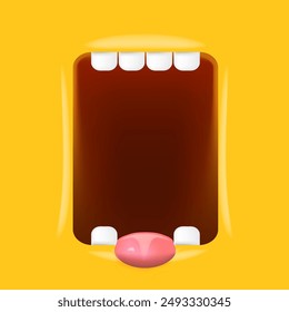 Vector Cartoon wide open mouth isolated on orange background. Funny and cute Halloween Monster open mouth with big white teeth and pink tongue