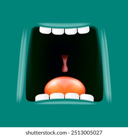 Vector Cartoon wide open mouth isolated on green background. Funny and cute Halloween green Monster open mouth with big white teeth and red tongue. Halloween frame