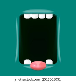 Vector Cartoon wide open mouth isolated on green background. Funny and cute Halloween green Monster open mouth with big white teeth and red tongue. Halloween frame