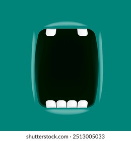 Vector Cartoon wide open mouth isolated on green background. Funny and cute Halloween green Monster open mouth with big white teeth and red tongue. Halloween frame