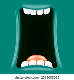 Vector Cartoon wide open mouth isolated on green background. Funny and cute Halloween green Monster open mouth with big white teeth and red tongue. Halloween frame