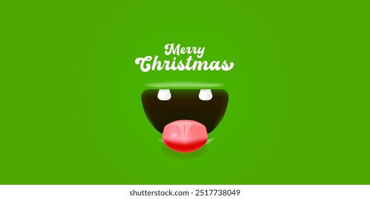 Vector Cartoon wide open mouth isolated on green background with Merry Christmas text. Funny and cute Christmas Monster open mouth with big white teeth and pink tongue. Merry Christmas green banner