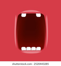 Vector Cartoon wide open mouth isolated on red background. Funny and cute Halloween red Monster open mouth with big white teeth and red tongue