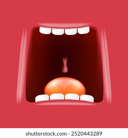 Vector Cartoon wide open mouth isolated on red background. Funny and cute Halloween red Monster open mouth with big white teeth and red tongue