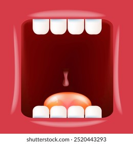 Vector Cartoon wide open mouth isolated on red background. Funny and cute Halloween red Monster open mouth with big white teeth and red tongue