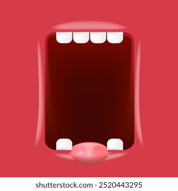 Vector Cartoon wide open mouth isolated on red background. Funny and cute Halloween red Monster open mouth with big white teeth and red tongue