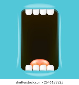 Vector Cartoon wide open mouth isolated on blue background. Funny and cute Halloween blue Monster open mouth with big white teeth and red tongue