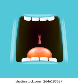 Vector Cartoon wide open mouth isolated on blue background. Funny and cute Halloween blue Monster open mouth with big white teeth and red tongue