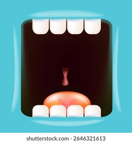 Vector Cartoon wide open mouth isolated on blue background. Funny and cute Halloween blue Monster open mouth with big white teeth and red tongue
