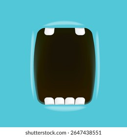 Vector Cartoon wide open mouth isolated on blue background. Funny and cute Halloween blue Monster open mouth with big white teeth and red tongue