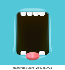 Vector Cartoon wide open mouth isolated on blue background. Funny and cute Halloween blue Monster open mouth with big white teeth and red tongue