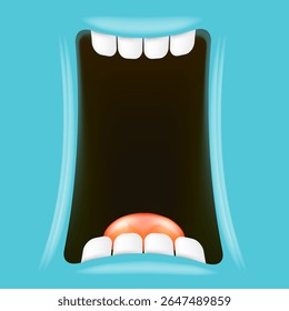 Vector Cartoon wide open mouth isolated on blue background. Funny and cute Halloween blue Monster open mouth with big white teeth and red tongue
