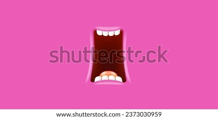 Vector Cartoon wide open mouth isolated on pink background. Funny and cute Halloween Monster open mouth with big white teeth and pink tongue