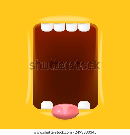 Vector Cartoon wide open mouth isolated on orange background. Funny and cute Halloween Monster open mouth with big white teeth and pink tongue