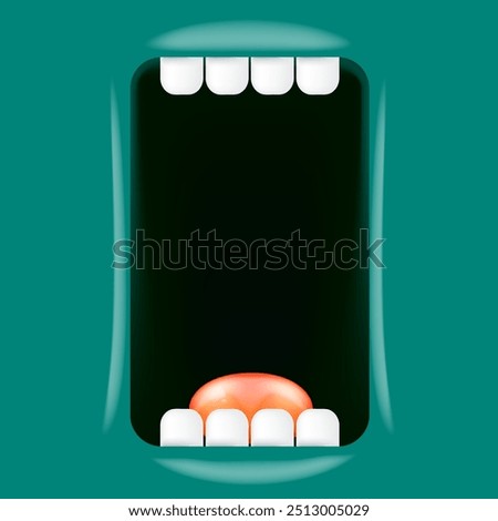 Vector Cartoon wide open mouth isolated on green background. Funny and cute Halloween green Monster open mouth with big white teeth and red tongue. Halloween frame