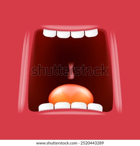 Vector Cartoon wide open mouth isolated on red background. Funny and cute Halloween red Monster open mouth with big white teeth and red tongue