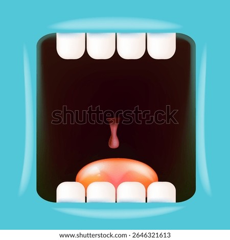 Vector Cartoon wide open mouth isolated on blue background. Funny and cute Halloween blue Monster open mouth with big white teeth and red tongue