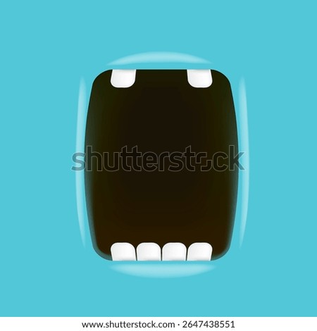 Vector Cartoon wide open mouth isolated on blue background. Funny and cute Halloween blue Monster open mouth with big white teeth and red tongue