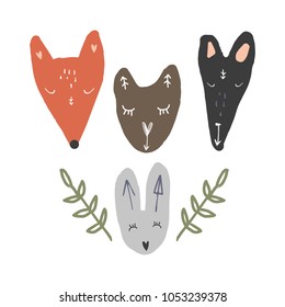 Vector cartoon wild animals set. Scandinavian style. Stickers, prints for cards, posters, baby t-shirts and other clothes. Clipart. Isolated.