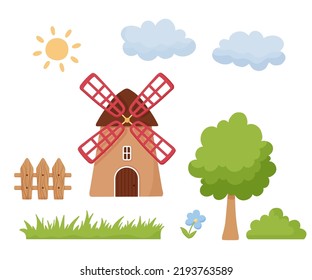 Vector cartoon windmill, fence, tree and grass isolated on white background. Flat cute mill illustration. Rural netherlands building
