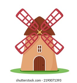 Molino de viento vectorial aislado en fondo blanco. Ilustración de un molino plano. Casa de campo para grano de trituración. Edificio de los Países Bajos rurales