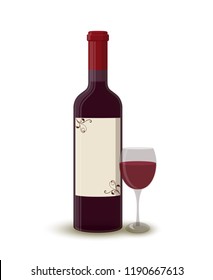 Vector cartoon wine bottle with wineglass, transparent glass with label. Alcohol drink with shadow isolated on white background. Design of beverage.