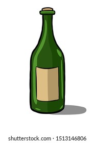 Vector cartoon wine bottles - full and empty. Transparent glass with label. Alcohol drink with shadow isolated on white background. Design of beverage.