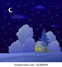 Vector cartoon, winter christmas landscape: country house in night forest