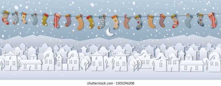 Vector cartoon winter city. Modern paper cut illustration. Trendy craft style color banner design. 3d effect imitation