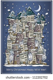 Vector cartoon winter fairytale town greeting card