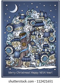 Vector cartoon winter fairytale town greeting card