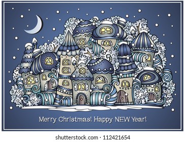 Vector cartoon winter fairytale town greeting card