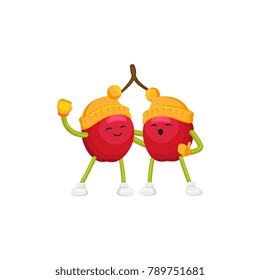 Vector cartoon winter fruit character - happy cherries in outdoor hats, boots, mittens singing songs hugging. Isolated illustration white background. New year christmas poster design element