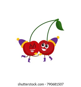 Vector cartoon winter fruit character - happy cherries in party outdoor hats, boots hugging. Isolated illustration white background. New year christmas poster design element