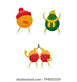 Vector cartoon winter fruit characters happy cherries in outdoor hats, boots, mittens singing songs hugging, orange, avocado dancing. Isolated illustration white background. New year christmas poster