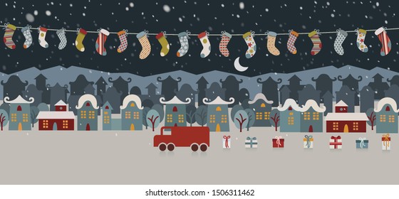Vector cartoon winter holiday city. Flat illustration. Color postcard design