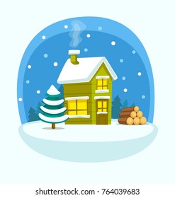 vector cartoon winter house scenery with lumber pine tree and snowrain in peaceful scene