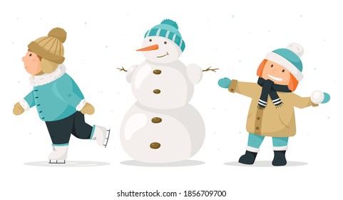 Vector cartoon winter illustration. Two children are walking, a girl with a snowball and a boy skating, and a snowman. Everyone in winter clothes is celebrating New Year or Christmas.