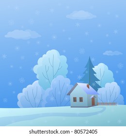 Vector cartoon, winter landscape: country house in forest near to trees