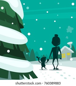 vector cartoon winter lovely dad and son hand in hand moment illustration with silhouette snow pine tree house scene drawing