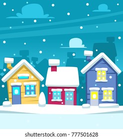 Vector Cartoon Winter Neighborhood Drawing With Fun Colorful House For Kid Illustration Snow Rain Night Blue Sky Silhouette Scene Background