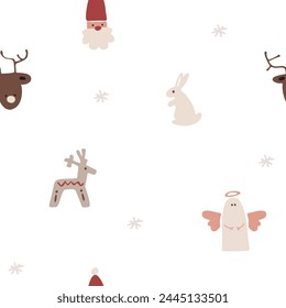 Vector cartoon winter seamless pattern for children. Decorative Christmas elements, pastel colors and simple hand drawing. Flat doodle illustration for textile background and card templates
