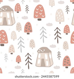 Vector cartoon winter seamless pattern for children. Decorative nature elements and houses in pastel colors and simple hand drawing. Flat doodle illustration for textile background and card templates
