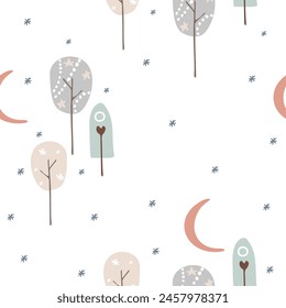 Vector cartoon winter seamless pattern for children. Decorative trees, snowflakes and moon in pastel colors and simple hand drawing. Flat doodle illustration for textile background and templates