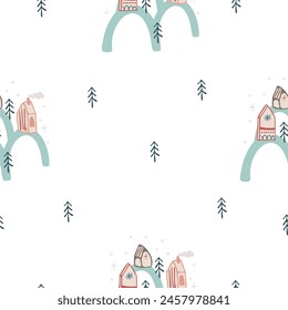 Vector cartoon winter seamless pattern for children. Decorative trees, snowflakes and houses in pastel colors and simple hand drawing. Flat doodle illustration for textile background and templates