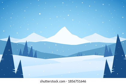 Vector Cartoon Winter snowy Mountains landscape with hills and  pines.