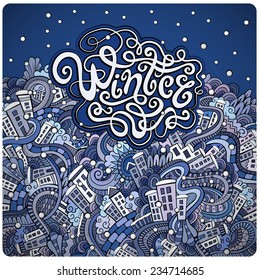 Vector cartoon winter town greeting card