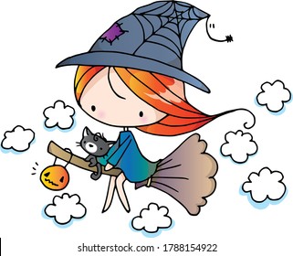vector cartoon Witch with black cat