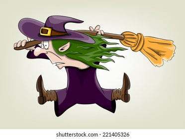 Vector cartoon witch flying hanging on a broomstick