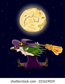 Vector cartoon witch flying hanging on a broomstick